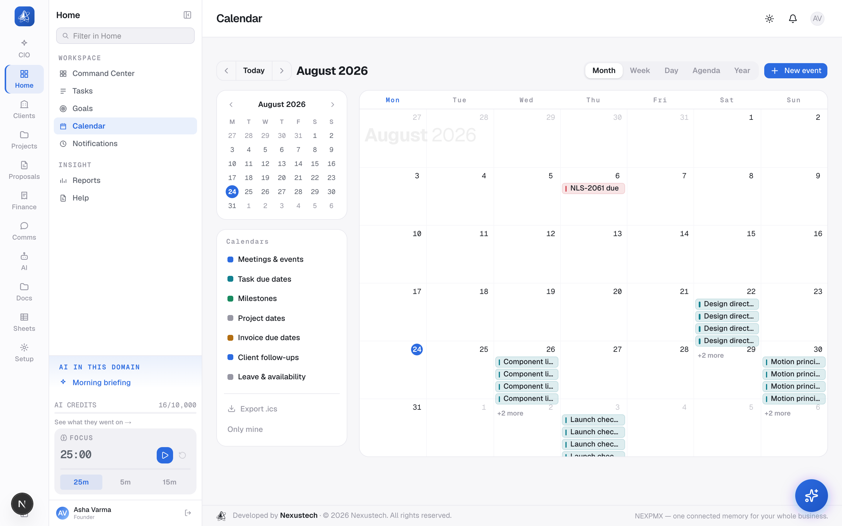 The Calendar screen in NEXPMX, reading the same records Tasks & Time writes.