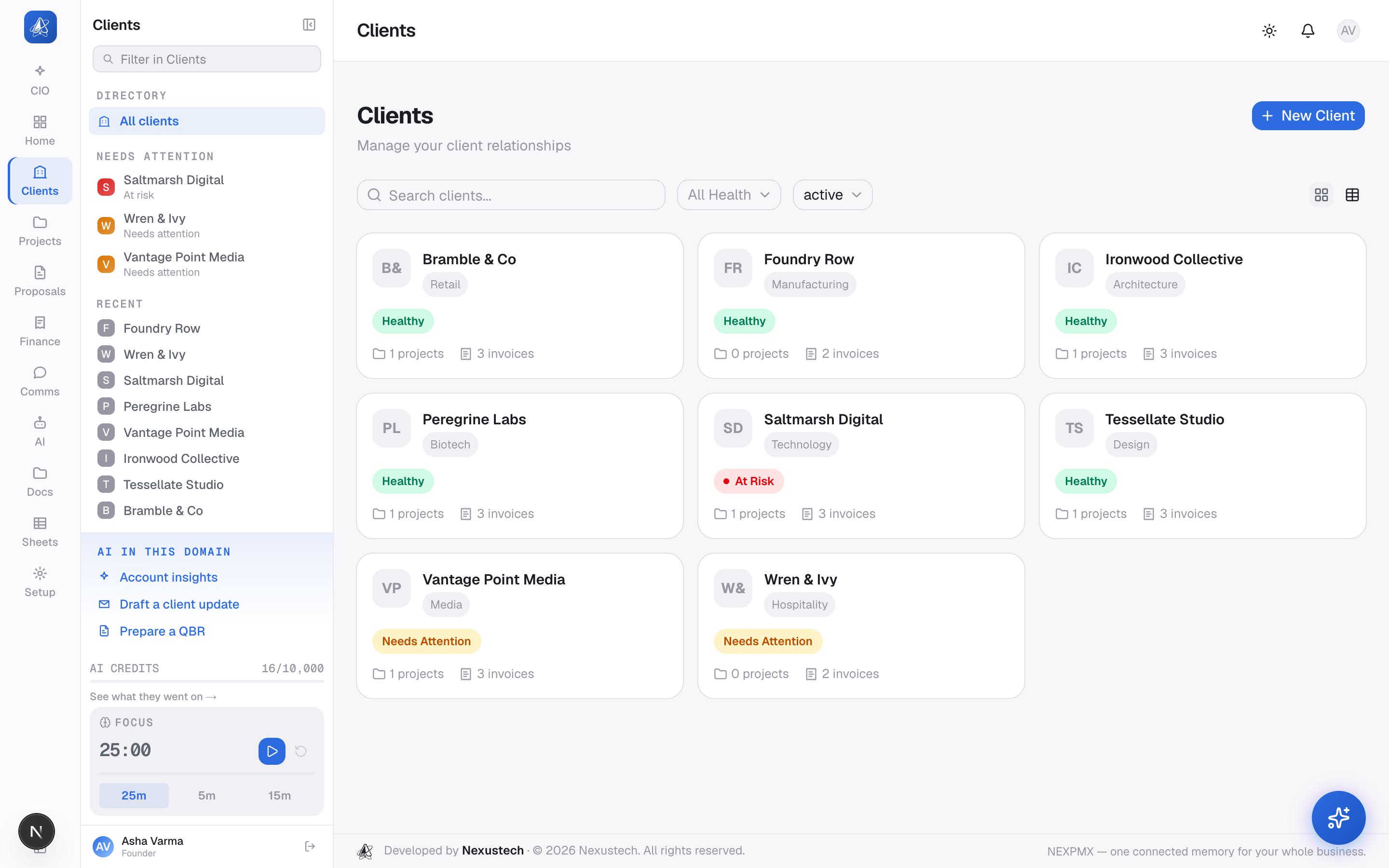 Branded client portal showing project status, approvals and files