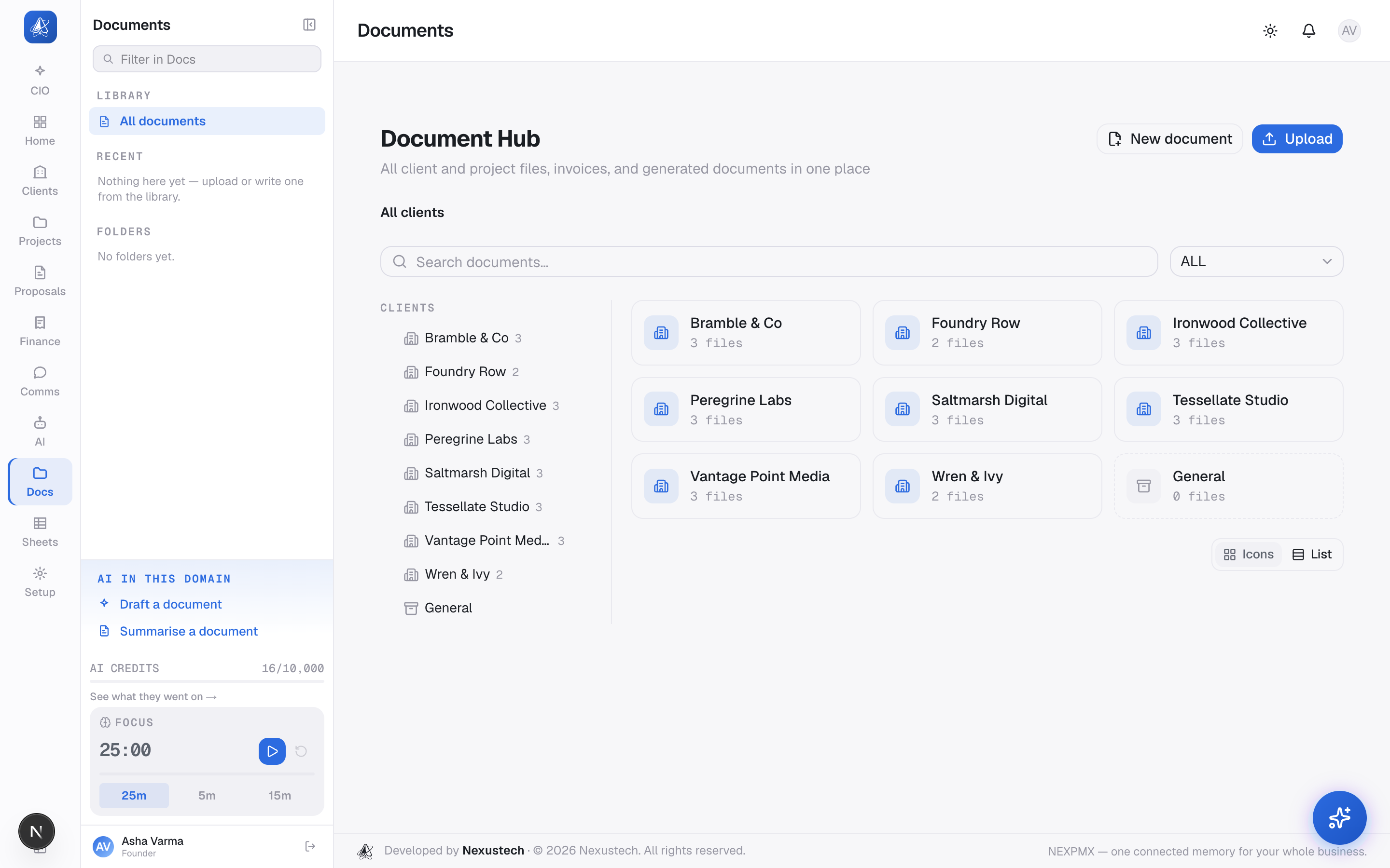 Document Hub organising client contracts, briefs and brand assets