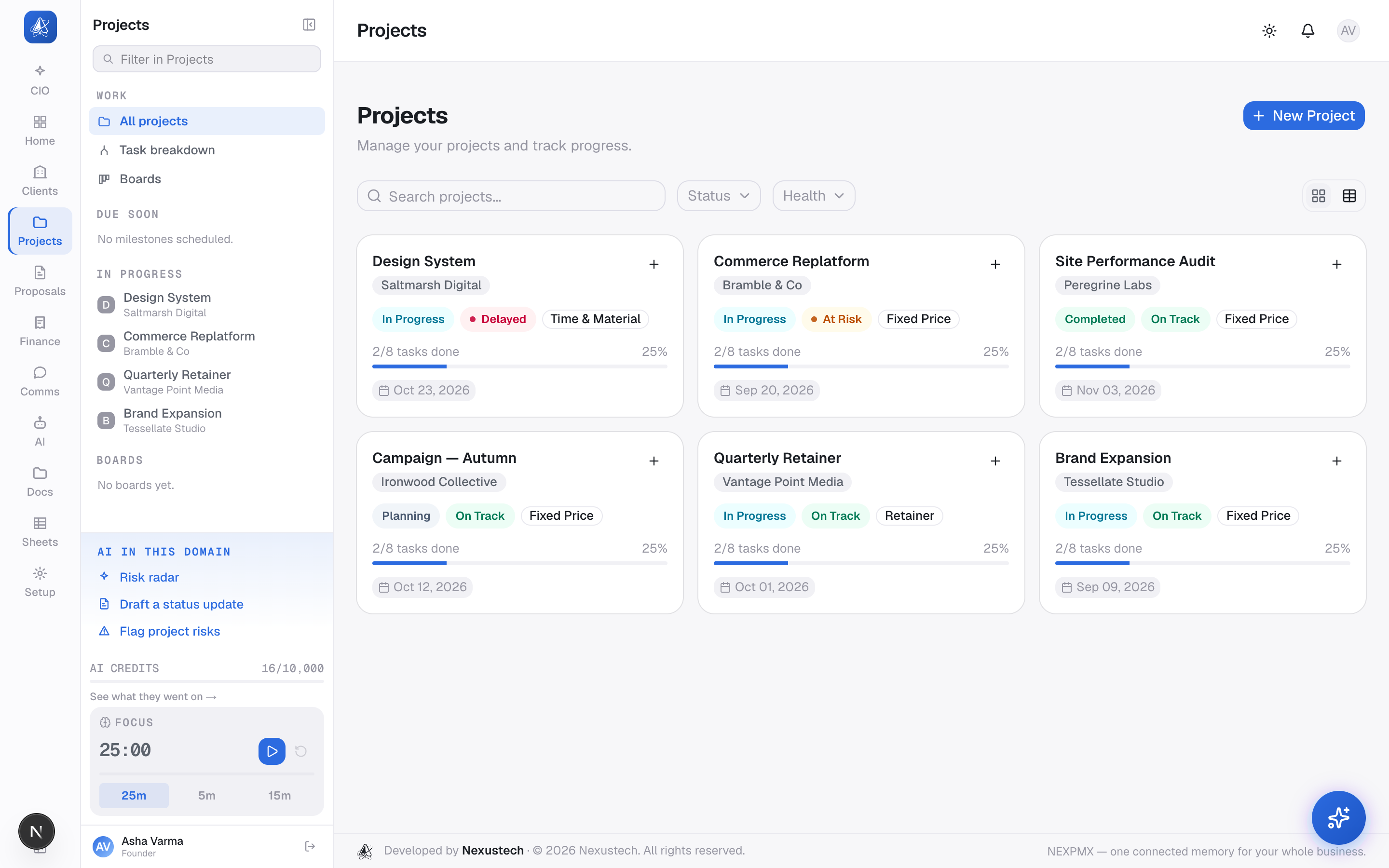 Project boards and timelines tracking client campaigns
